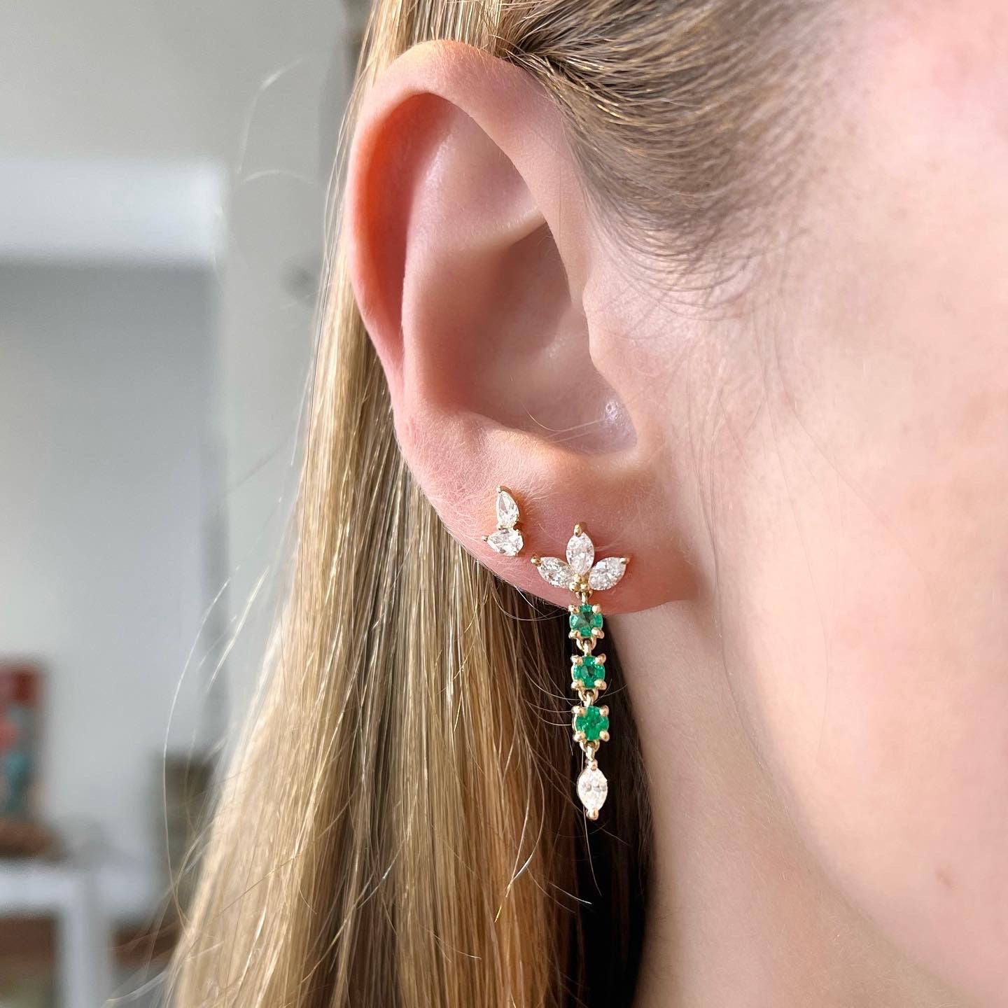 Diamond Marquise Trio with Emerald Dangle Earrings