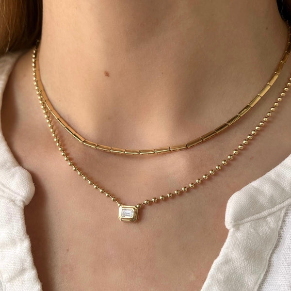 Emerald Cut Diamond On Gold Ball Chain