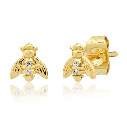 Gold Bee Studs With CZ Accents