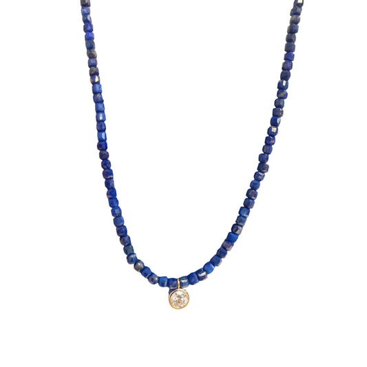 Lapis Beaded Necklace with Lab Diamond