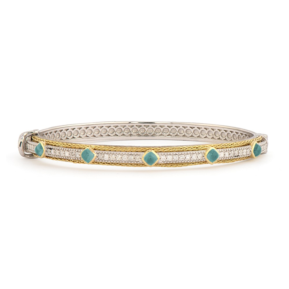 Mixed Metal Double Woven Rope Trim Stones and Diamond Bangle