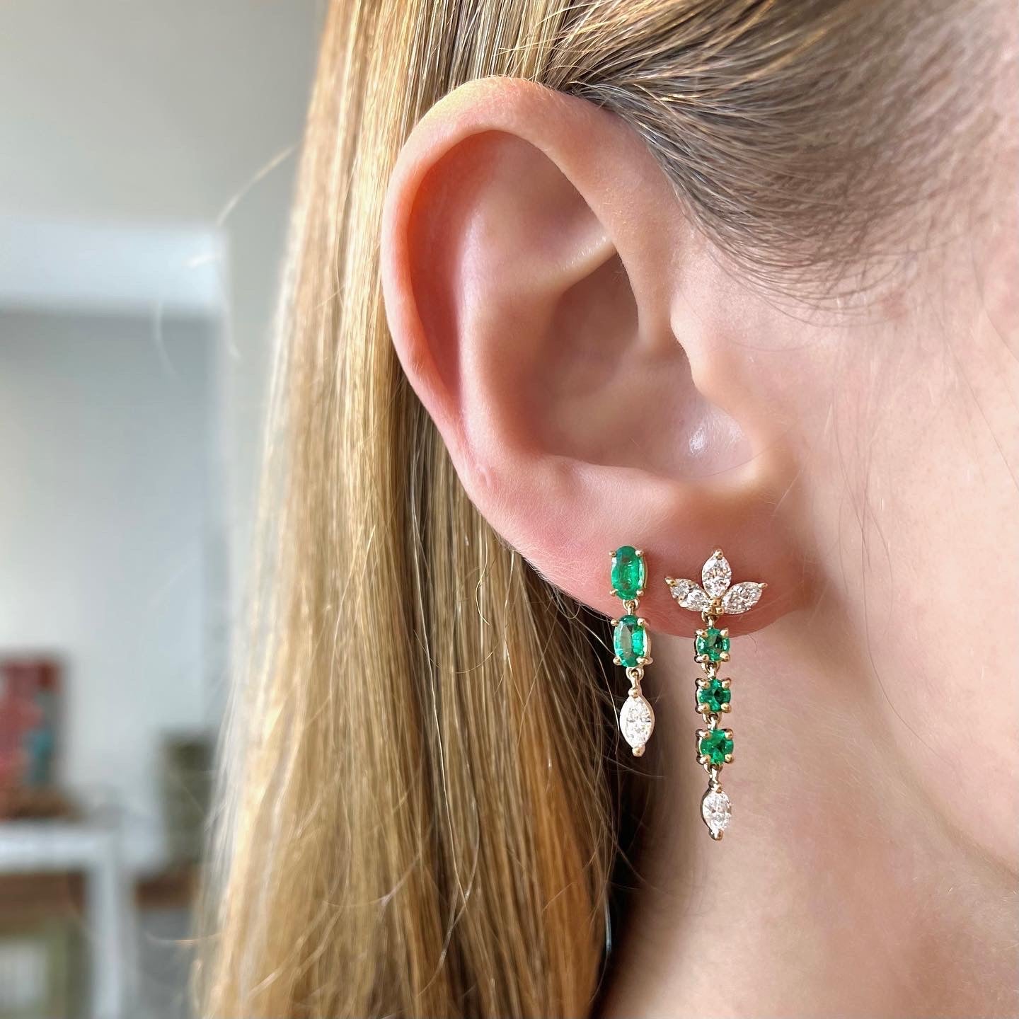 Emerald & Diamond Dangle Earrings