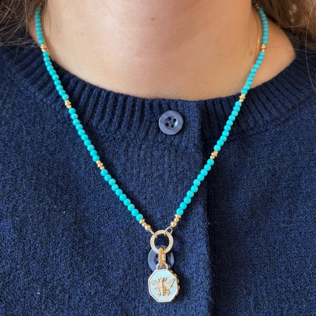 Turquoise & Gold Beaded Necklace with Diamond Enhancer