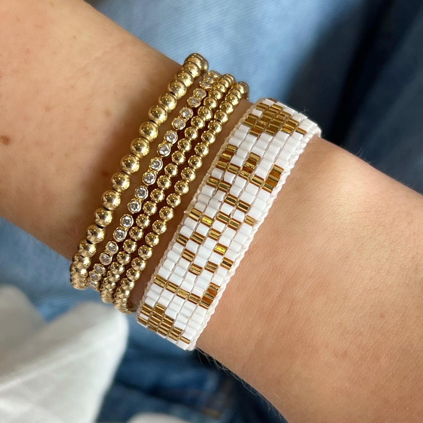 Seed Bead LOVE with Hearts Bracelet - White & Gold