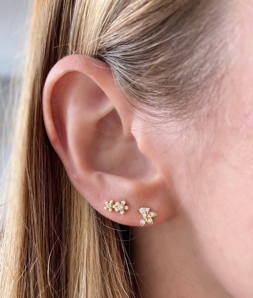 Double Diamond Flower Stud Earrings