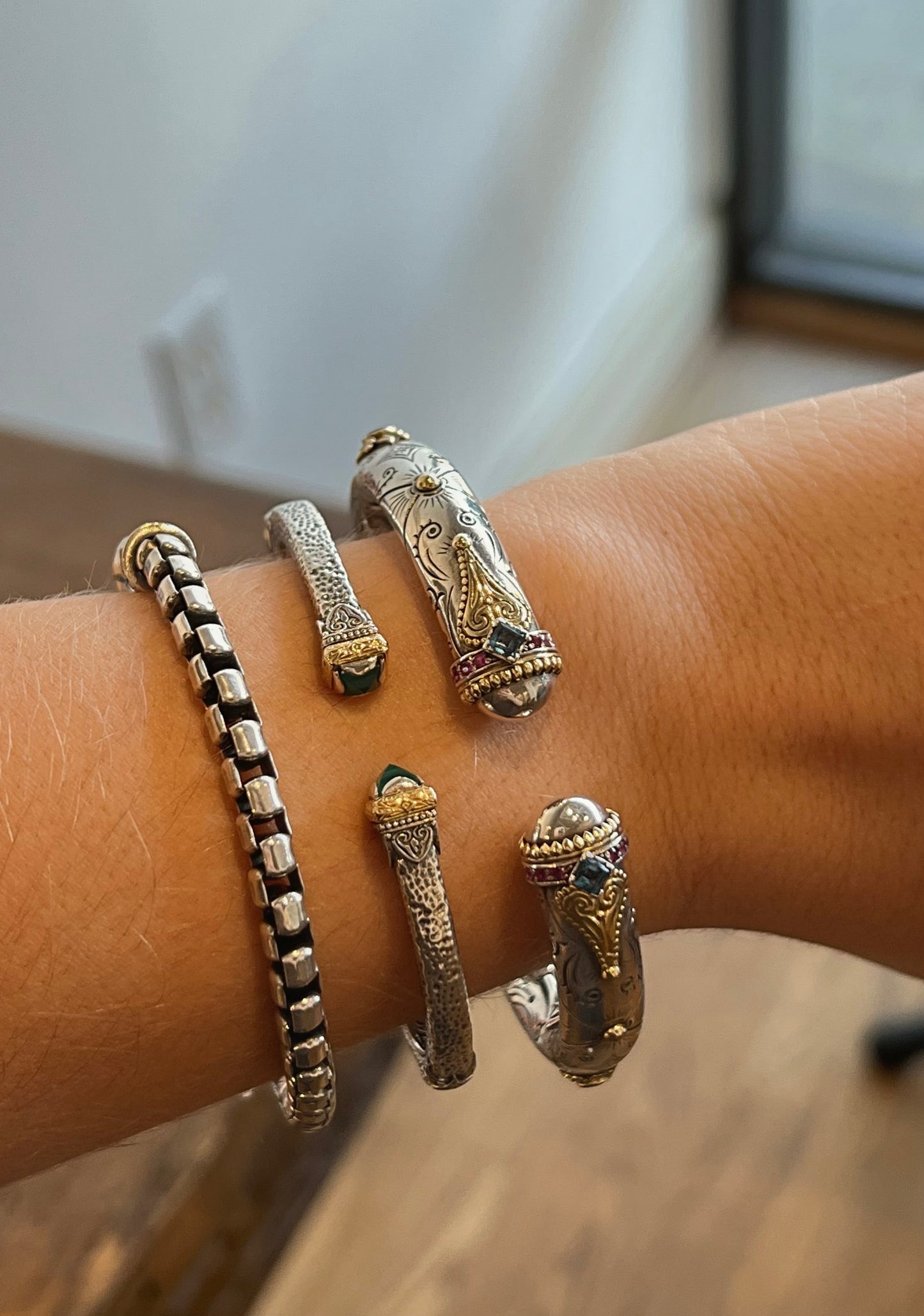 Mixed Metal Green Amethyst Hinged Bracelet