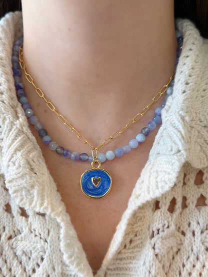 Paperclip Chain Necklace with Blue Heart Charm