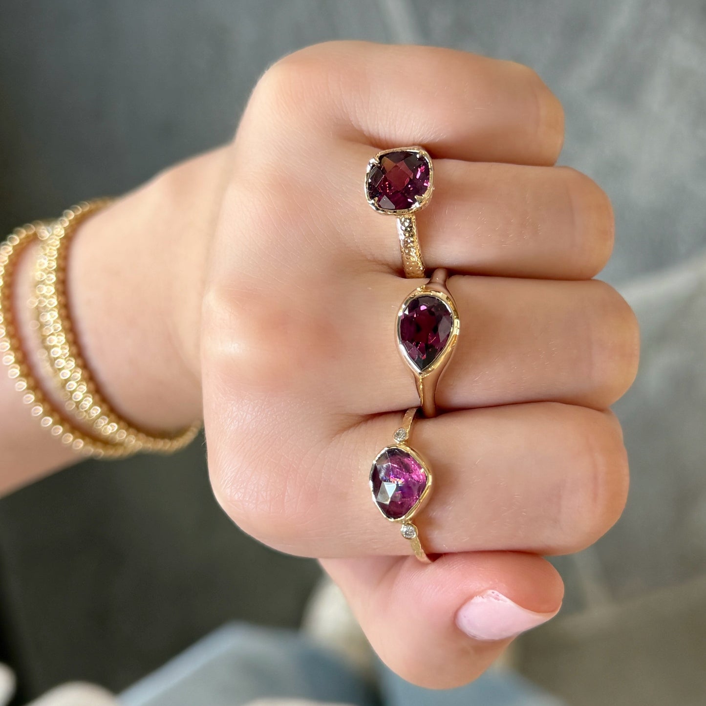 Sideways Pear Rhodolite Ring