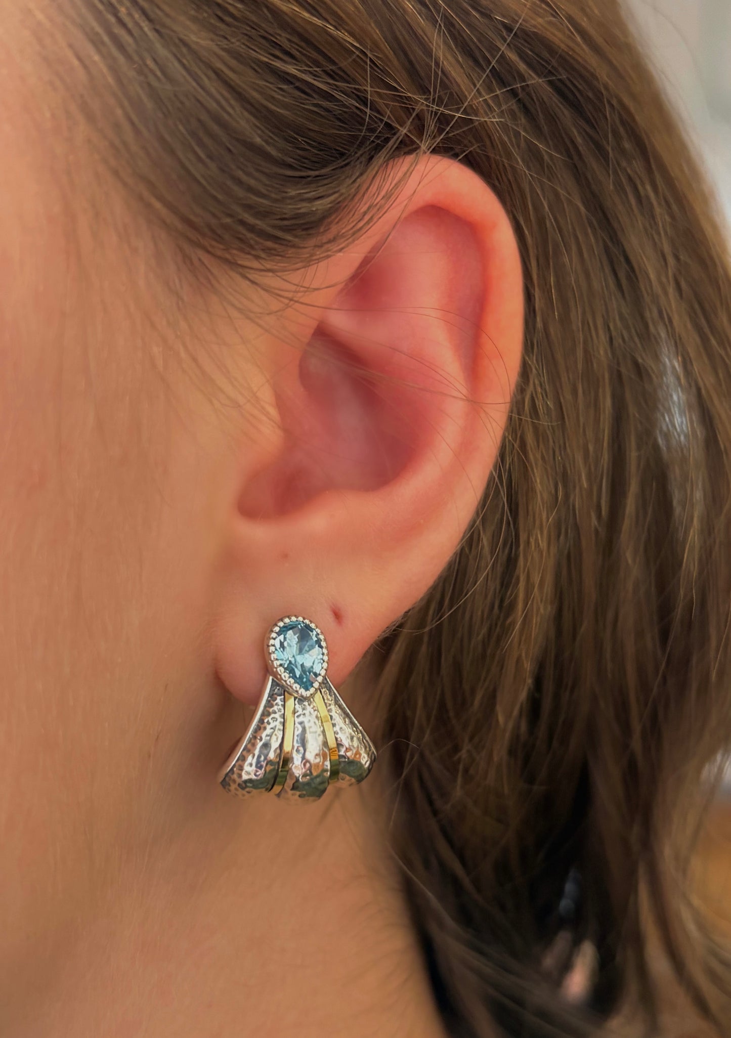 Swiss Blue Topaz and Mixed Metal Fan Earrings