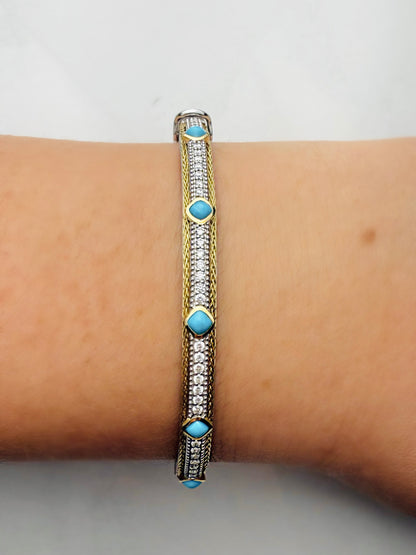 Mixed Metal Double Woven Rope Turquoise and Diamond Bracelet