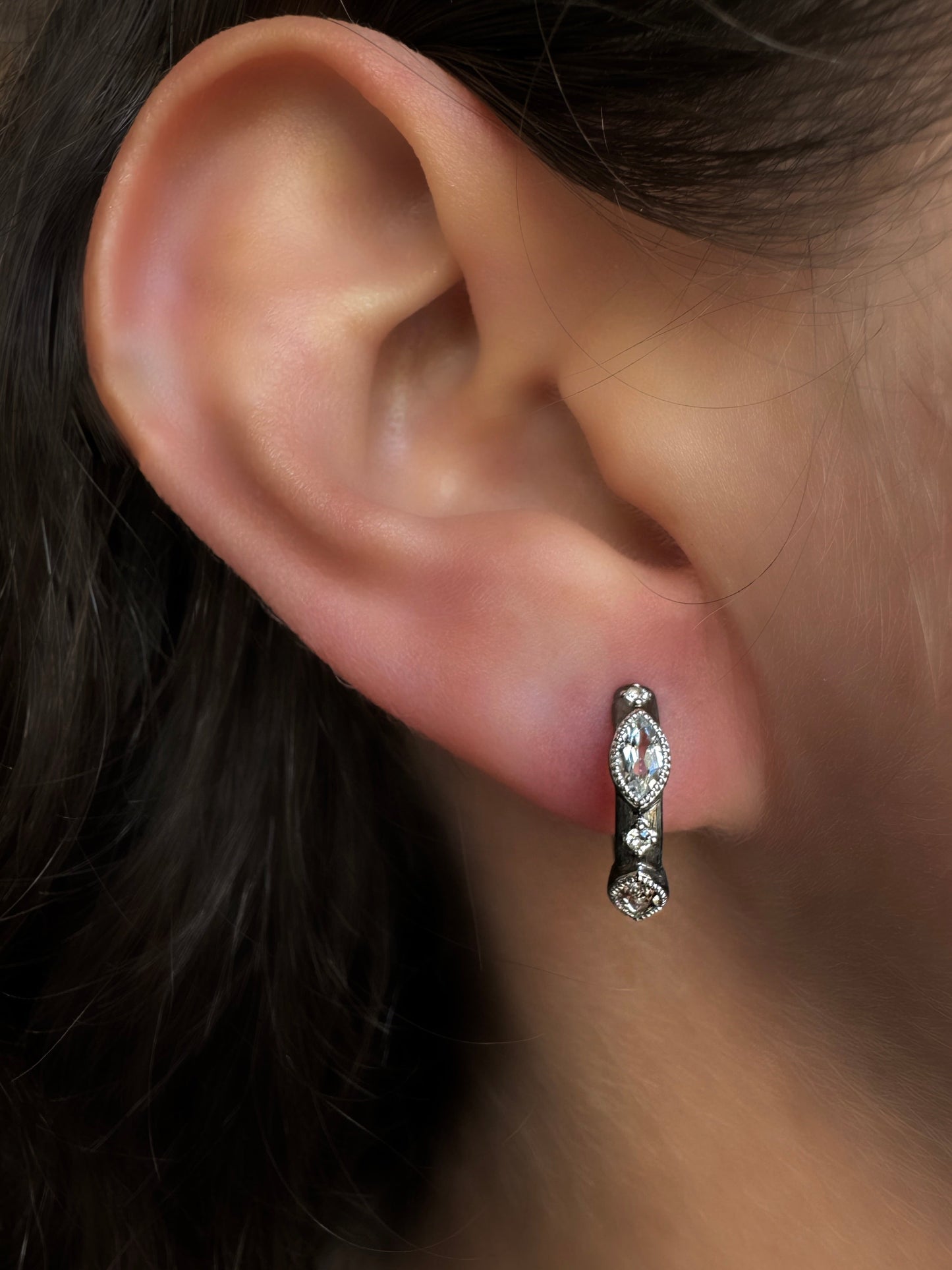 Blackened Silver White Topaz Huggie Earrings
