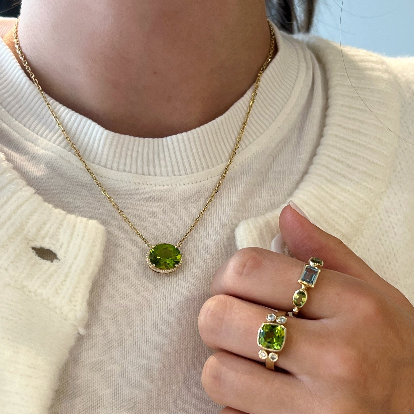 Oval Peridot with Diamond Halo Necklace