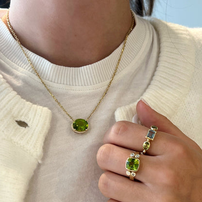 Oval Peridot with Diamond Halo Necklace