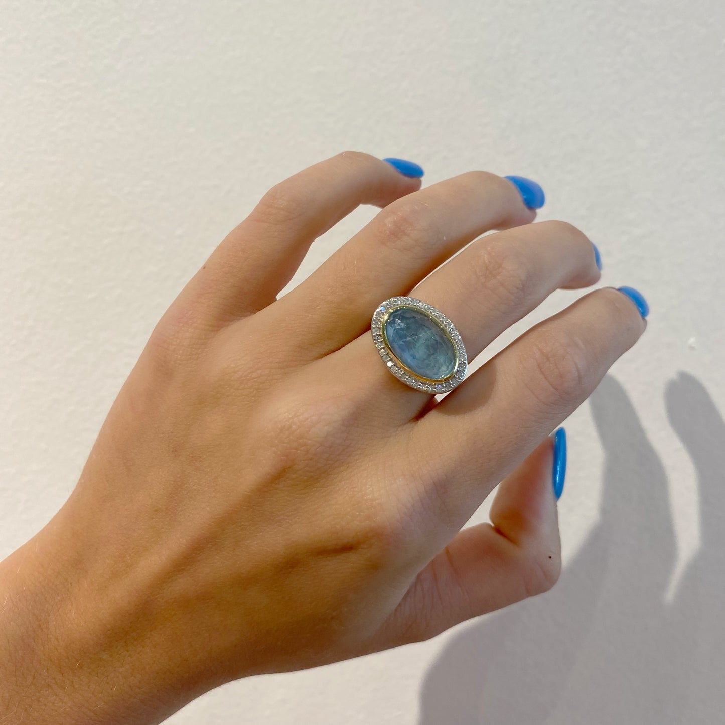 Mixed Metal Pave Halo East West Oval Labradorite Ring