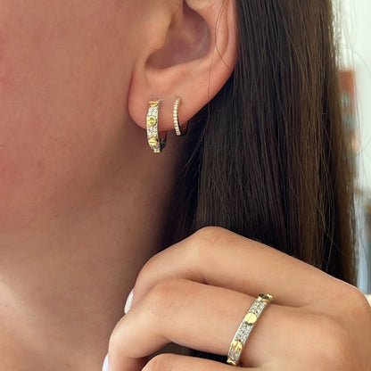 Small Mixed Metal Diamond Pave Nail Head Hoop Earrings