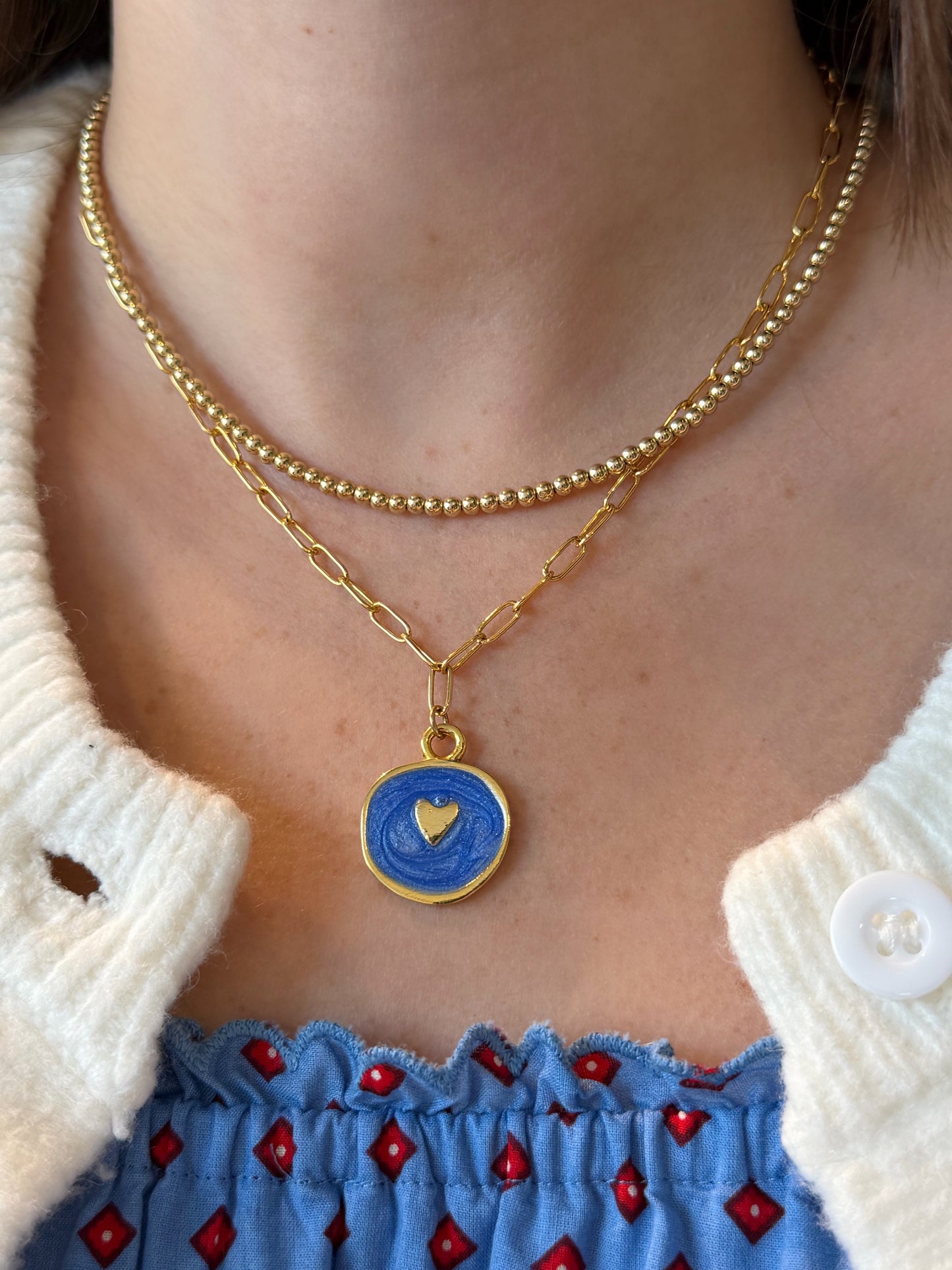 Paperclip Chain Necklace with Blue Heart Charm