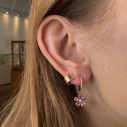 Pink Sapphire and Diamond Flower Huggie Earrings