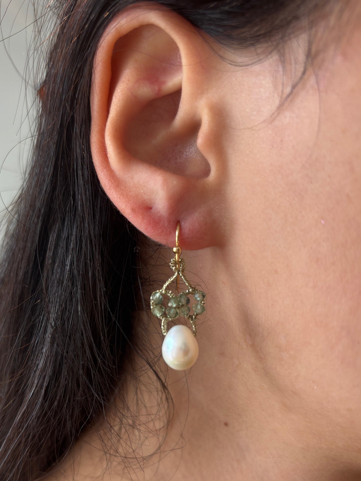 Green Apatite & White Pearl Wire Hook Earrings