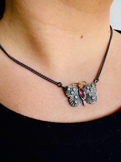 Pink Tourmaline and Diamond Butterfly Necklace