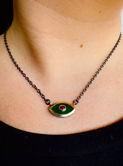 Green Onyx and Ruby Mini Evil Eye Necklace