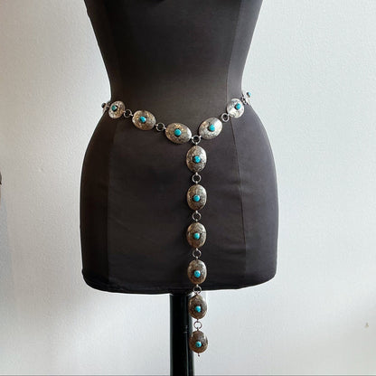 Vintage Navajo Sterling Silver and Turquoise Link Concho Belt