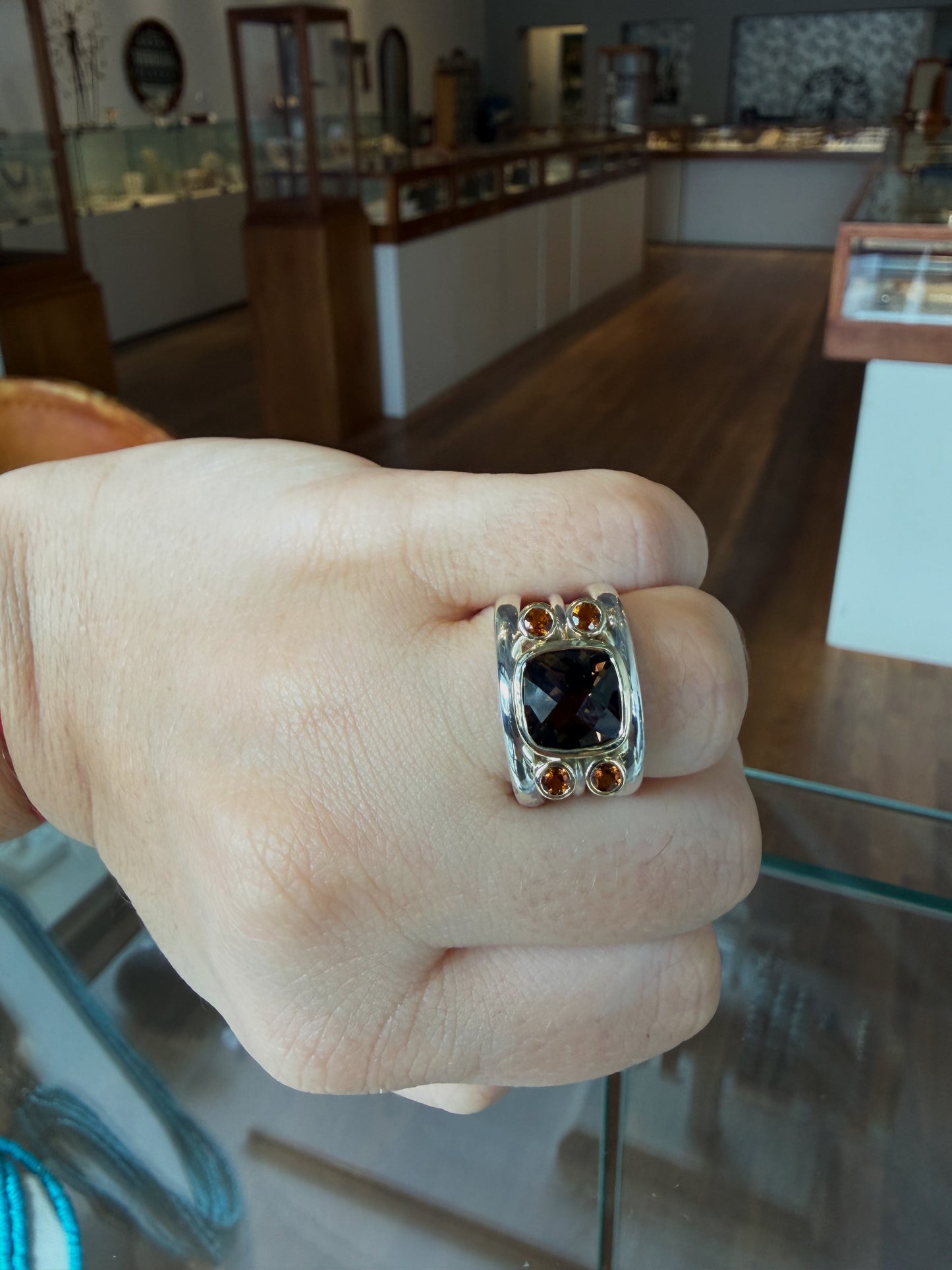 Smoky Quartz and Citrine Triple Band Ring