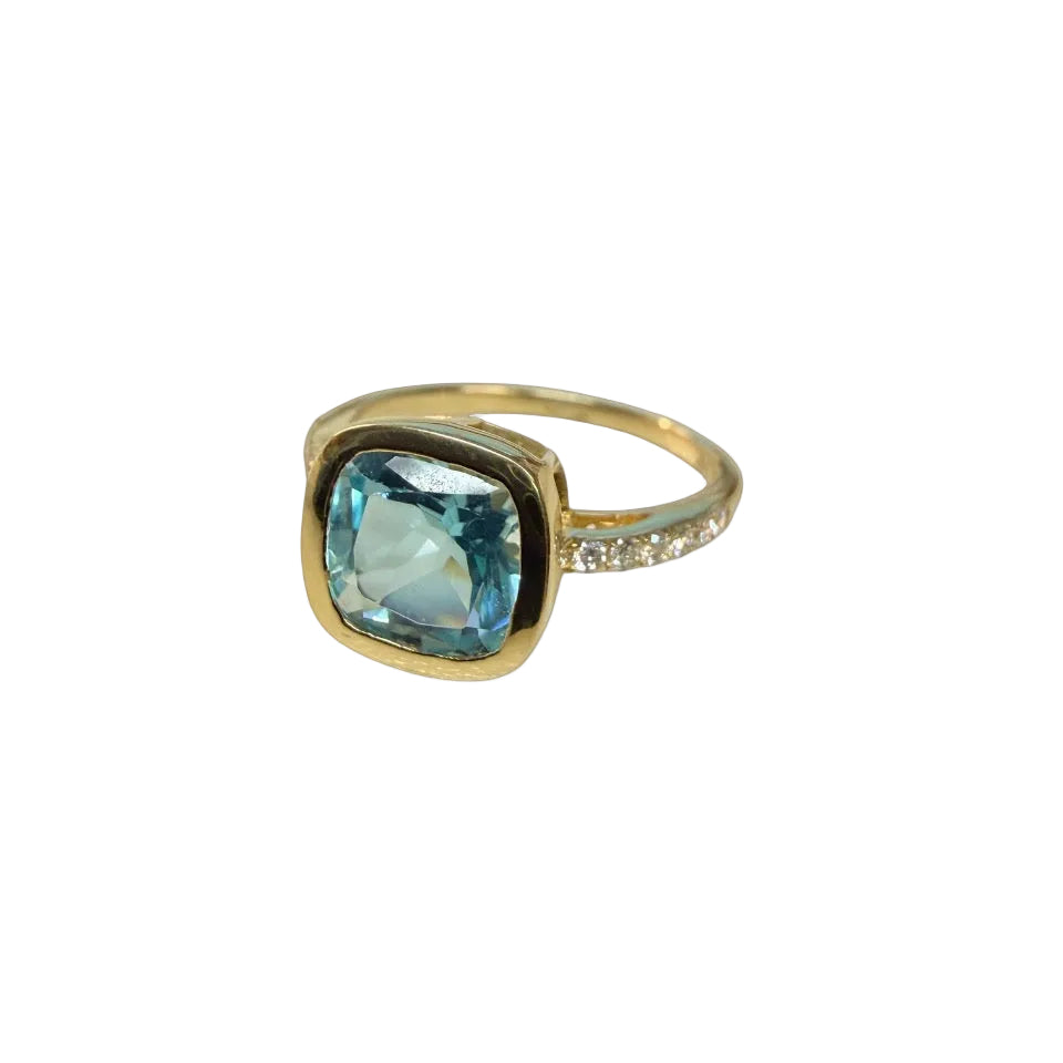 Sky Blue Topaz and Diamond Cushion Cut Ring