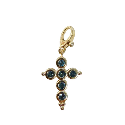 London Blue Topaz Bezel Gold Cross Pendant