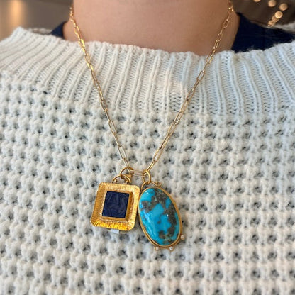 24k Yellow Gold & Sterling Silver Diamond & Oval Turquoise Charm