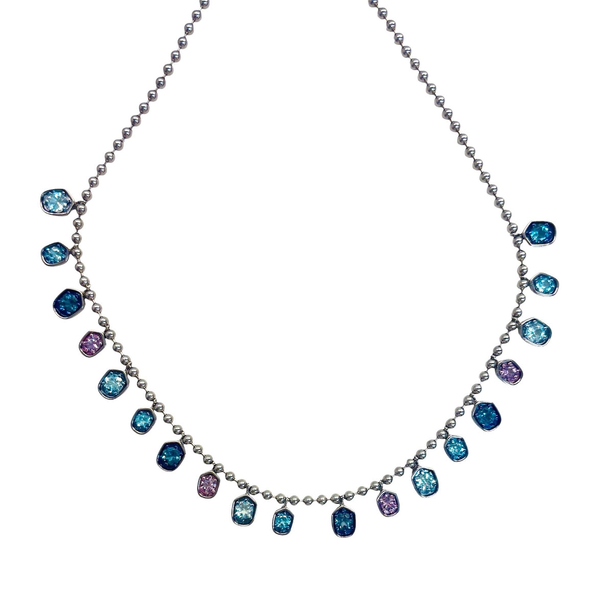 Sterling Silver Ball Chain Multi Stone Dangle Necklace