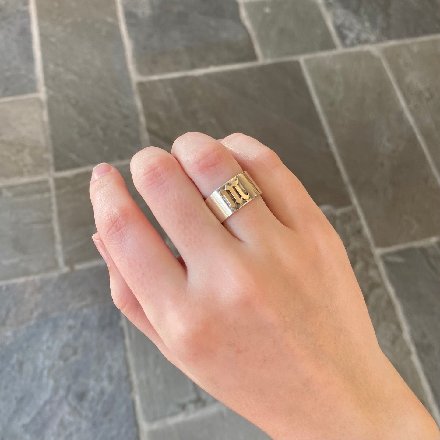 Silver Band with Gold Initial "M" Ring