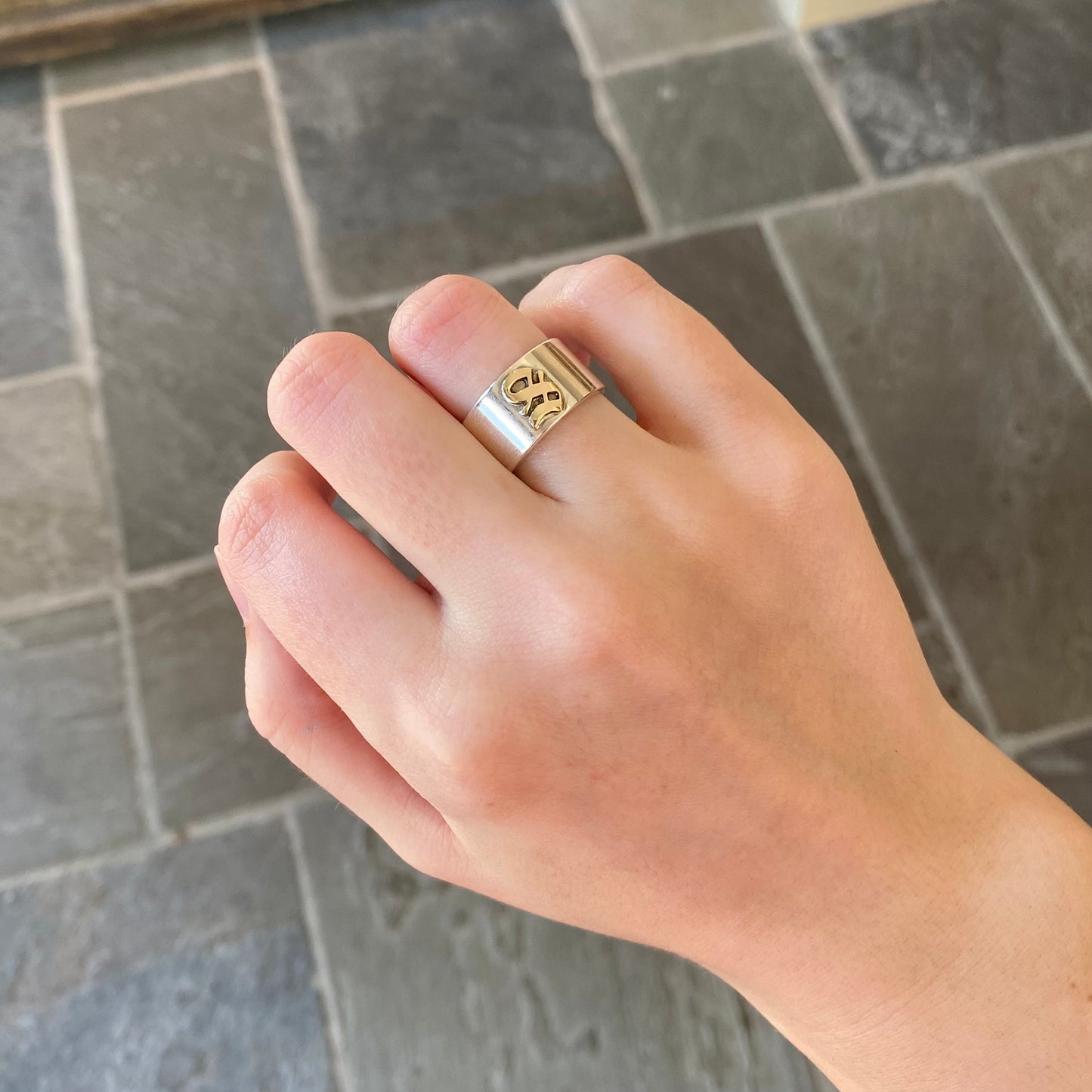 Silver Band with Gold Initial "S" Ring