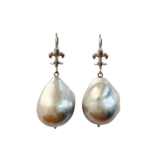 Fleur de Lis Baroque Peal Dangle Earrings