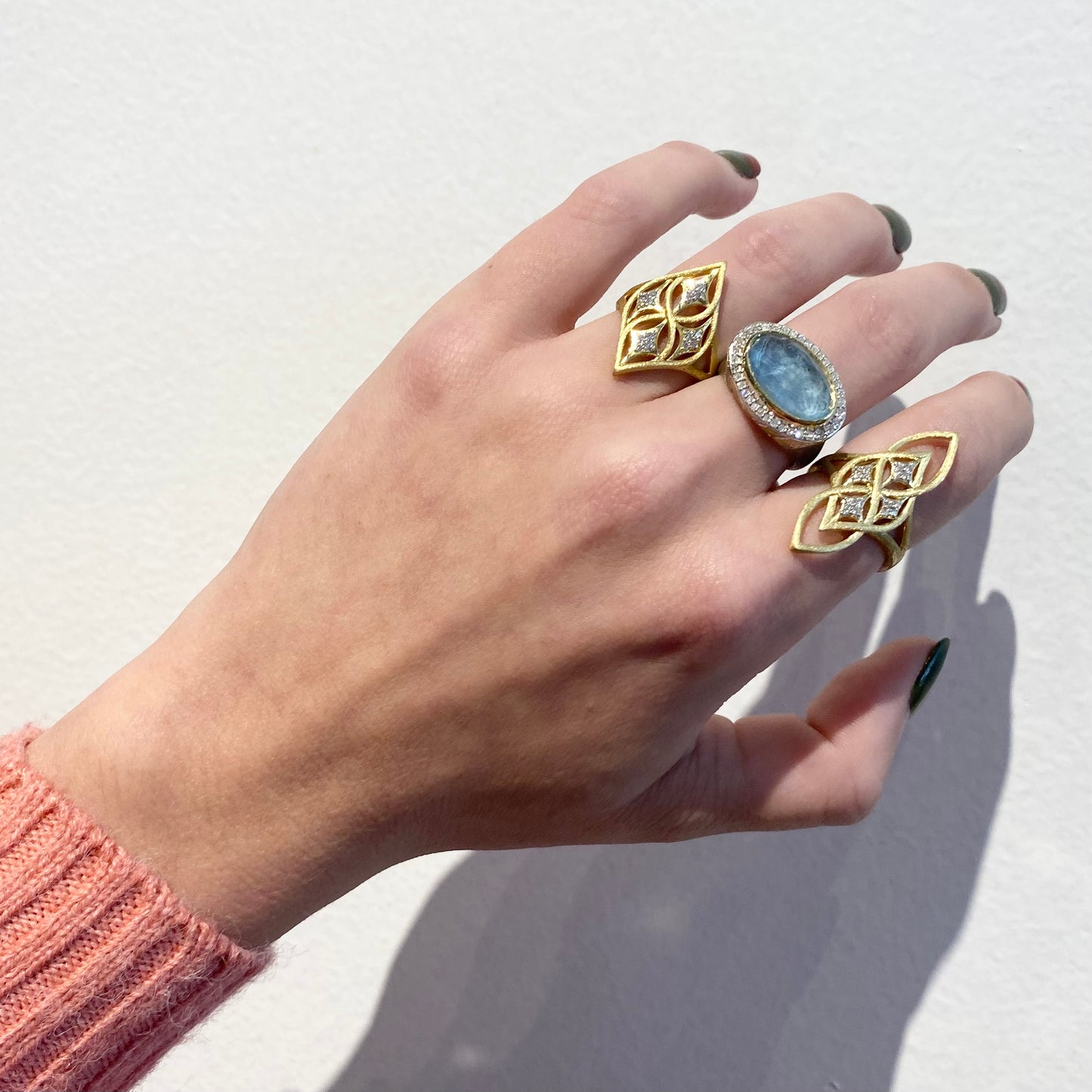 Mixed Metal Pave Halo East West Oval Labradorite Ring