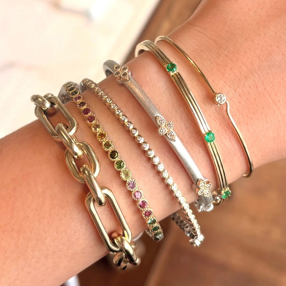 Hammered Tourmaline Bezel Bangle Bracelet