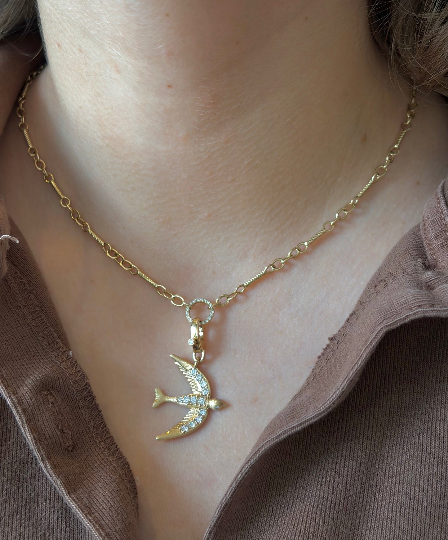 Brushed Gold & Diamond Bird Pendant