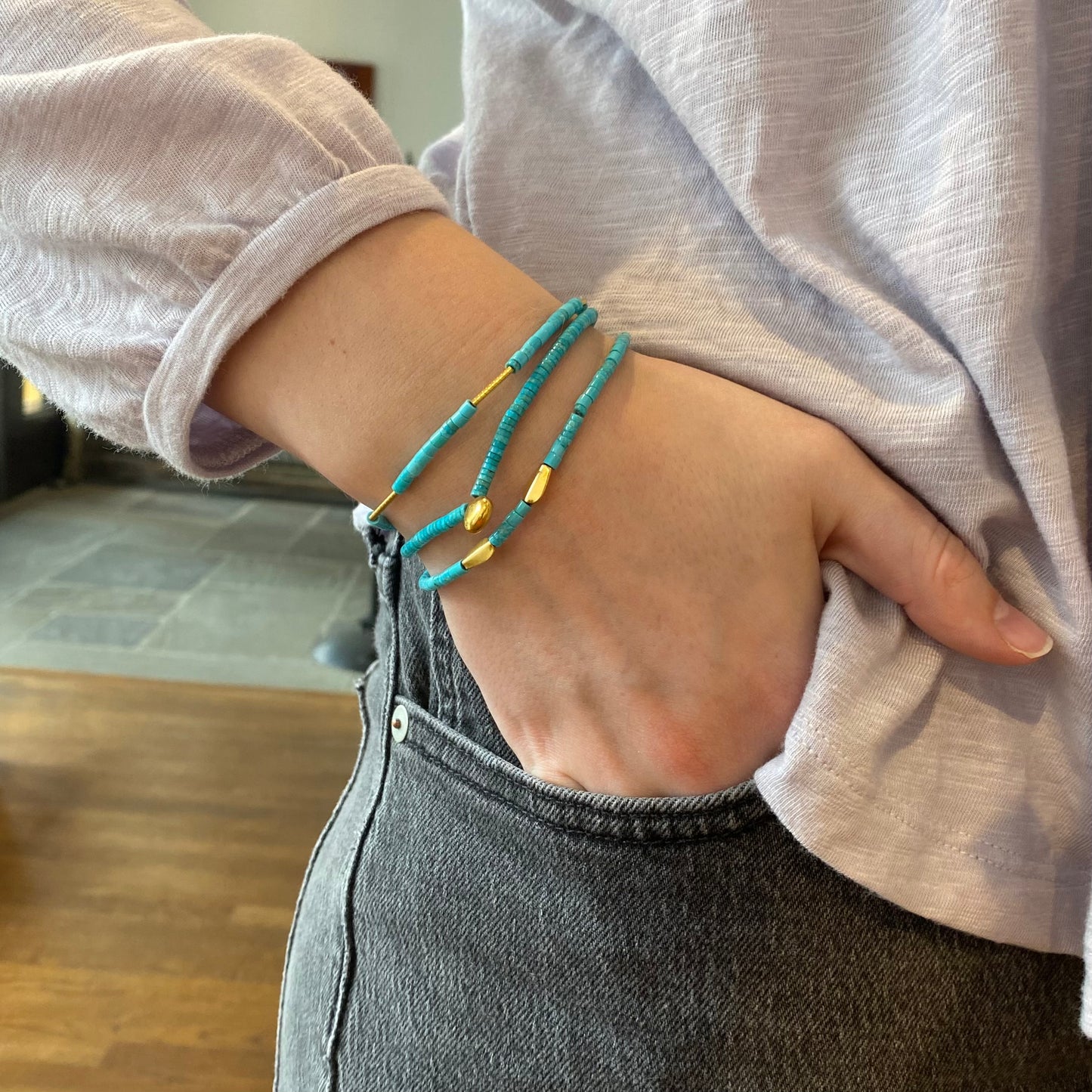 Turquoise & Gold Tubes Stretch Bracelet
