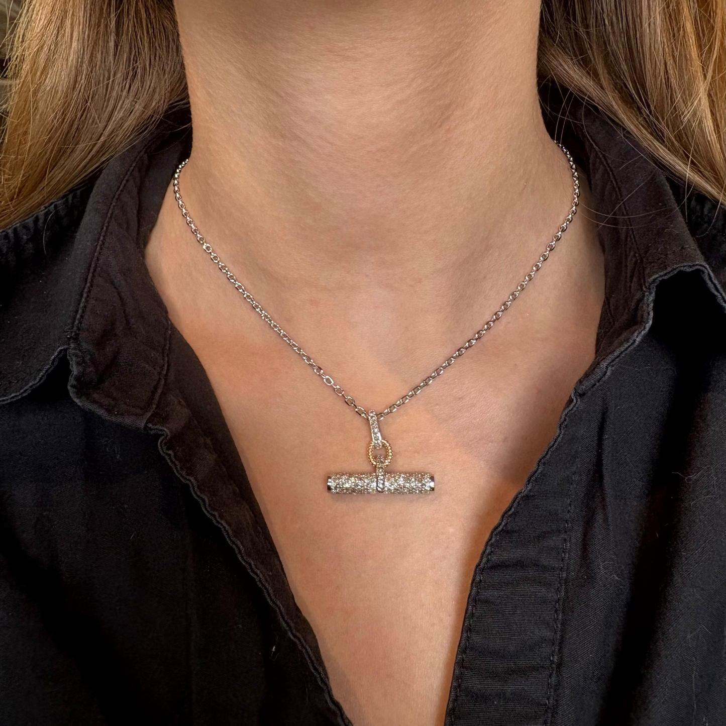 Mixed Metal Pave Diamond Toggle Necklace