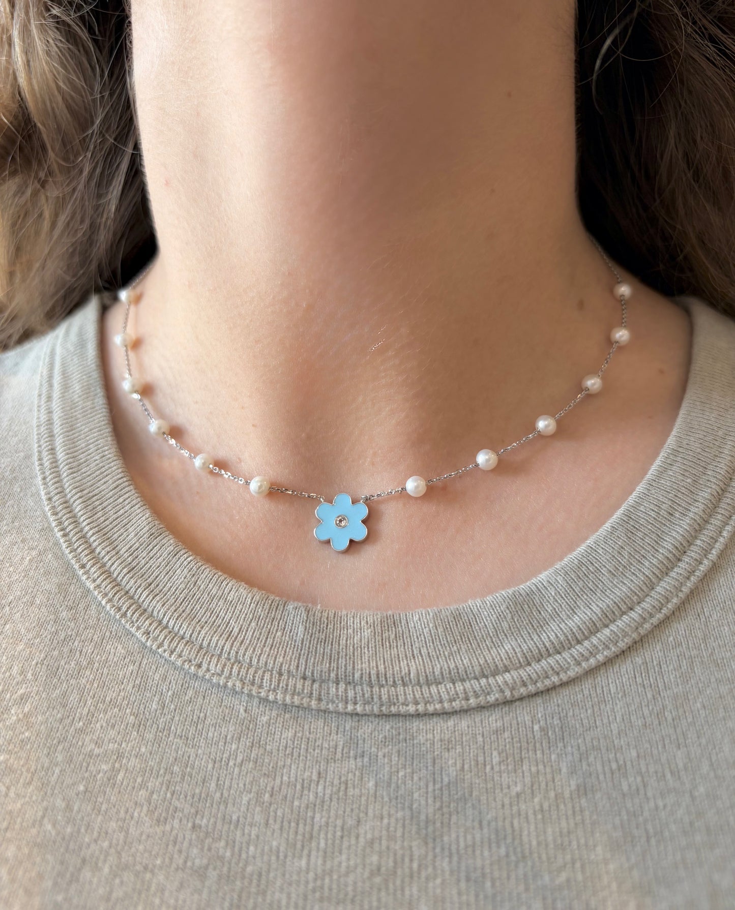 Blue Flower Pearl Necklace