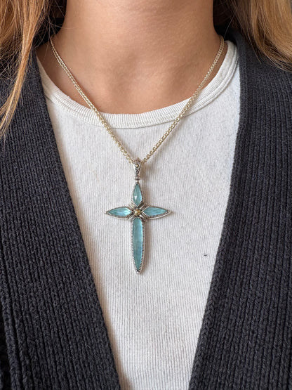 Sterling Silver Rock Crystal & Aquamarine Cross Pendant
