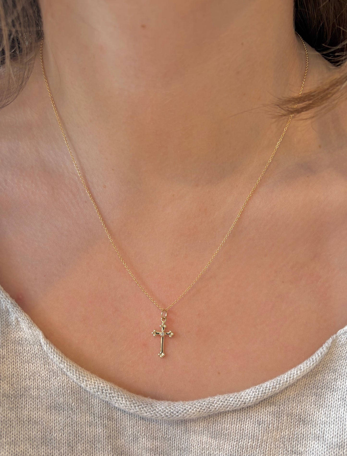 Gold Fleury & Diamond Cross Pendant