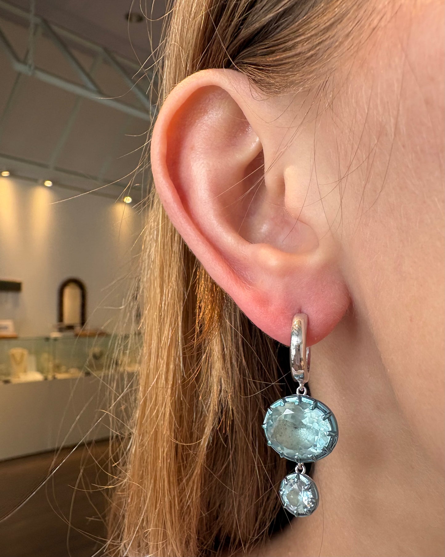 Blue Topaz & Silver Double Dangle Huggies