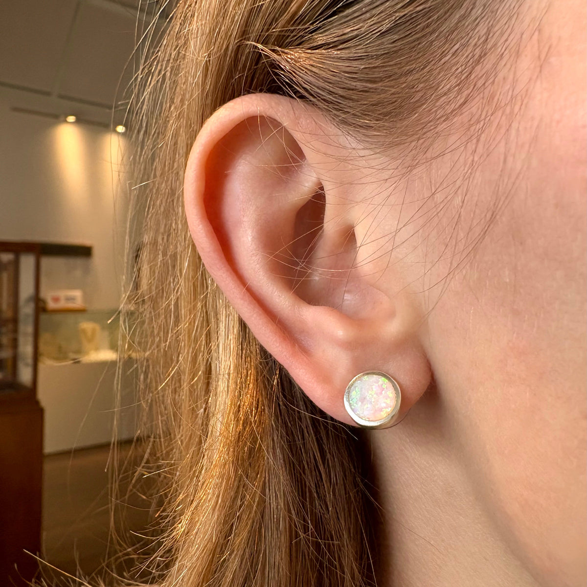 Round Silver Opal Studs