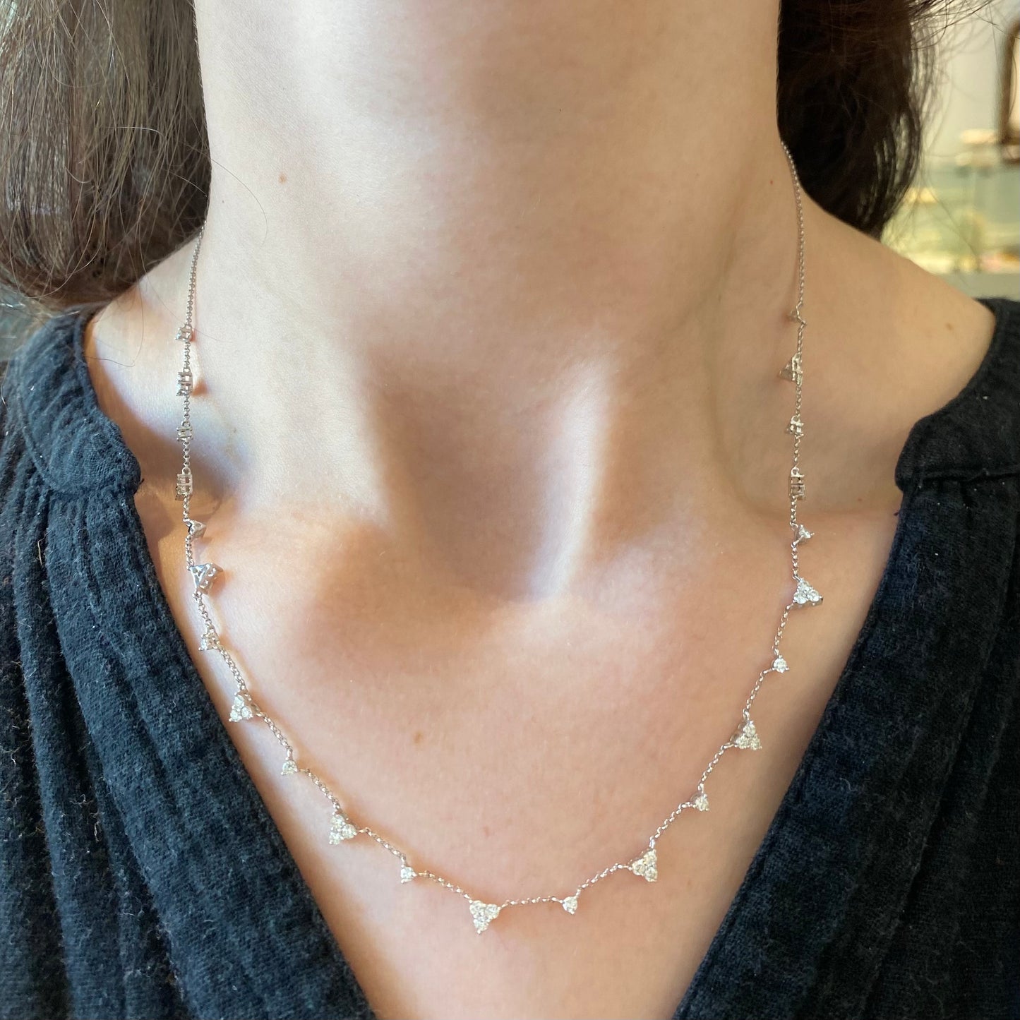 Alternating Diamond Trio White Gold Necklace