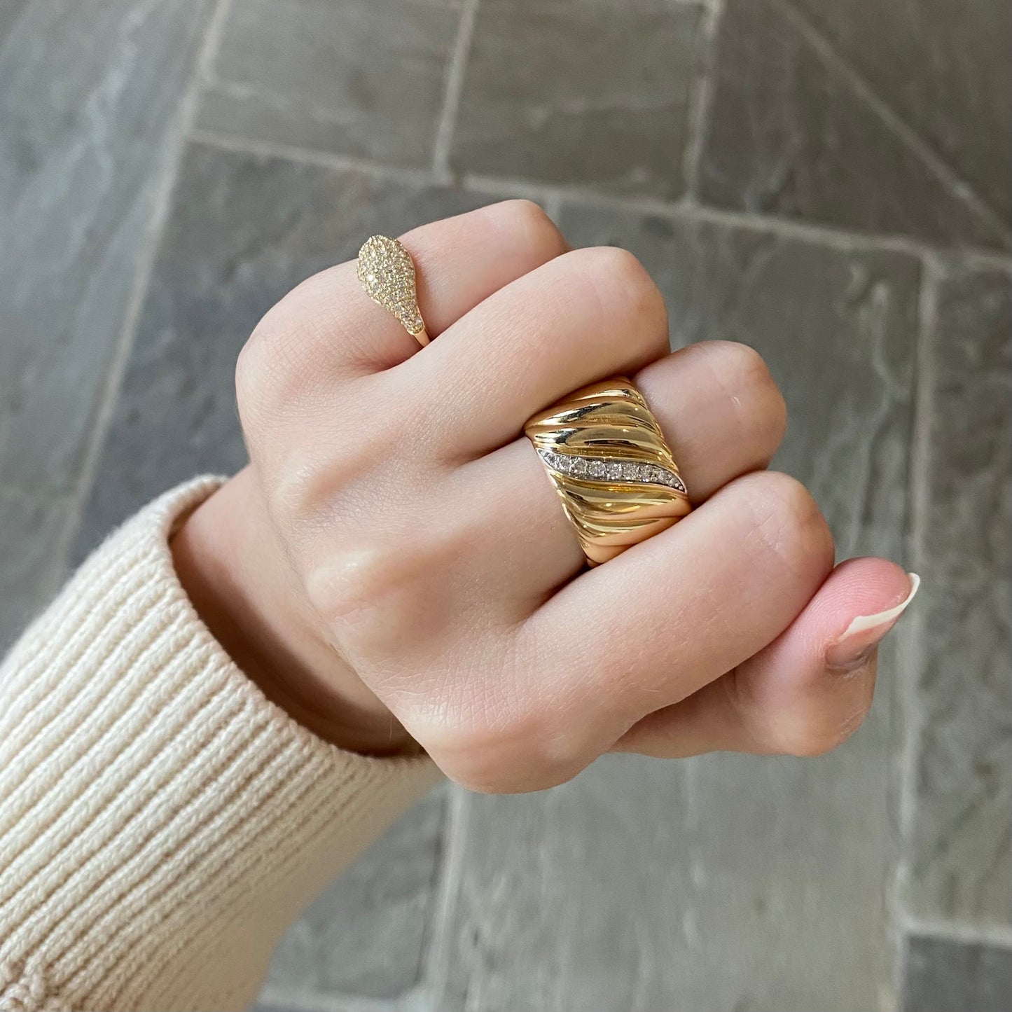 Wavey Gold Band with Diamond Accent Ring