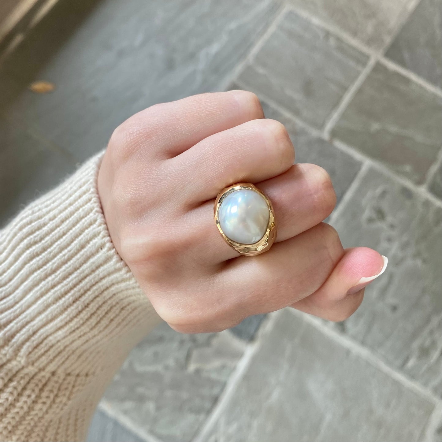 Pearl & Gold Hammered Ring