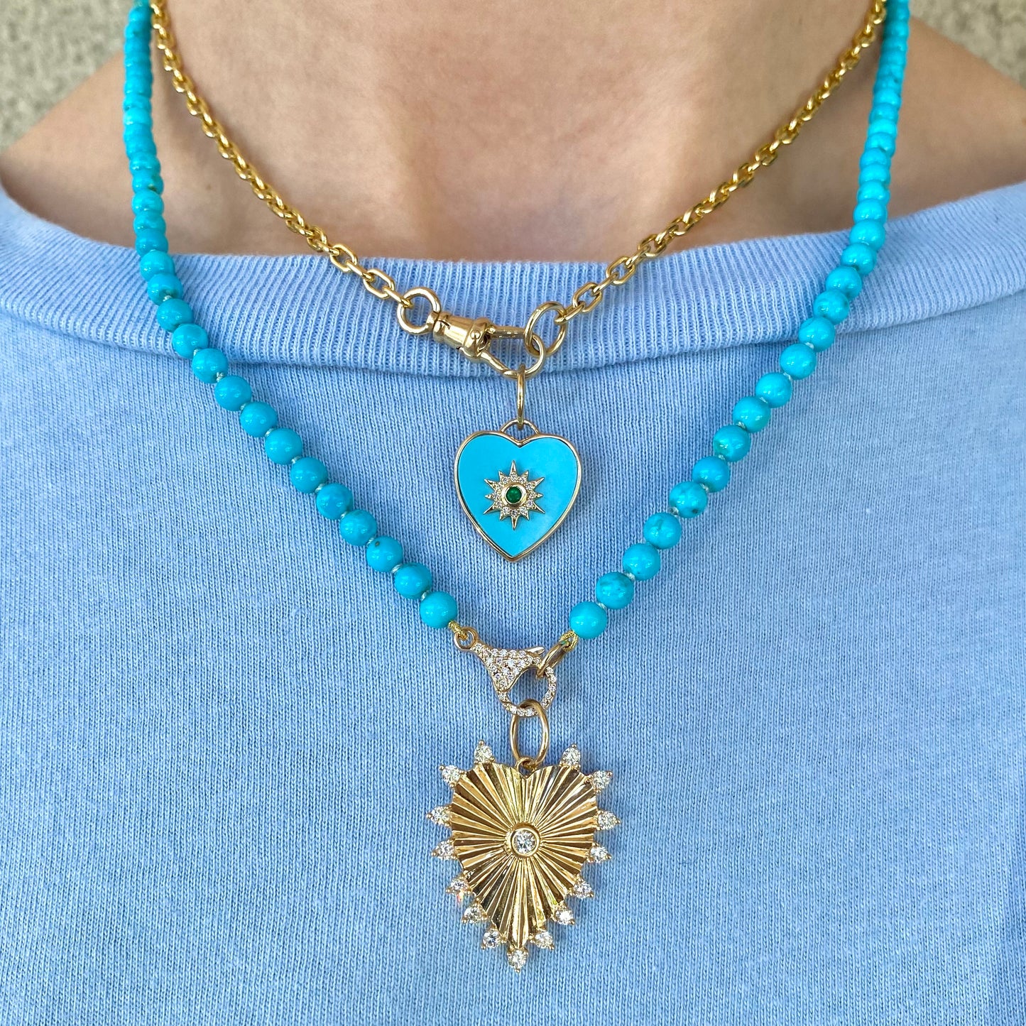 Emerald, Diamond, & Turquoise Heart Pendant