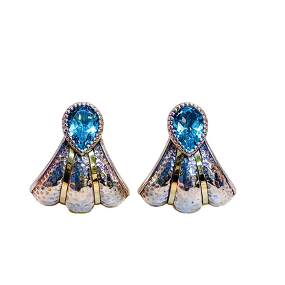 Swiss Blue Topaz and Mixed Metal Fan Earrings