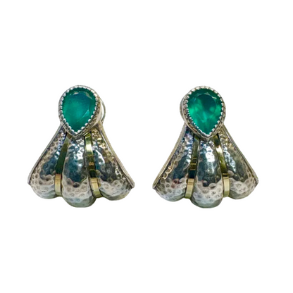 Green Agate Mixed Metal Fan Earrings