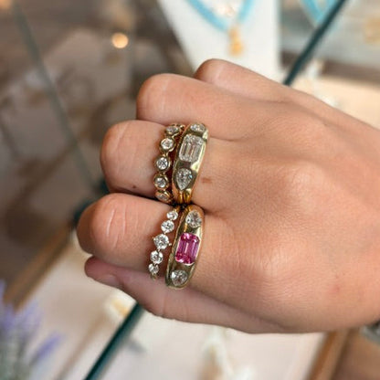 Lab Diamond Pear and Pink Emerald cut Dome Ring
